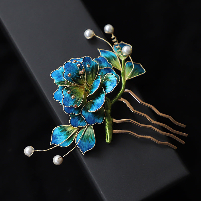 small hair combs​ Ronghua Flower Hair Comb Clip Chinese Jewelry Blue Flower Side Comb Chinese Hair Accessories