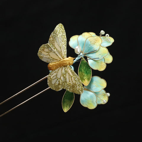 French Hair Pins Ronghua Flower Chinese Jewelry Blue Flower French Pins for Hair 