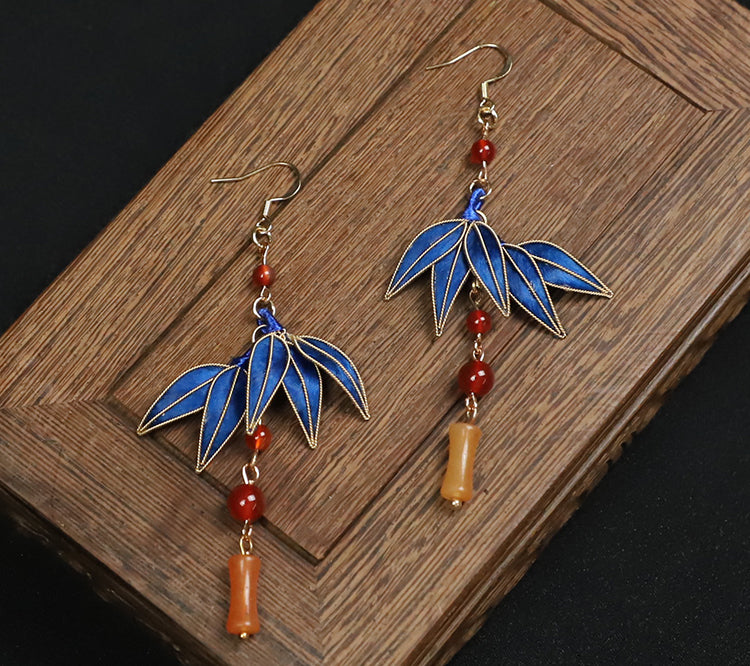 Cloisonne Blue Bamboo Leaves Dangle Earings Chinese Dangle Earrings Rong Hua Fish Hook Earring 