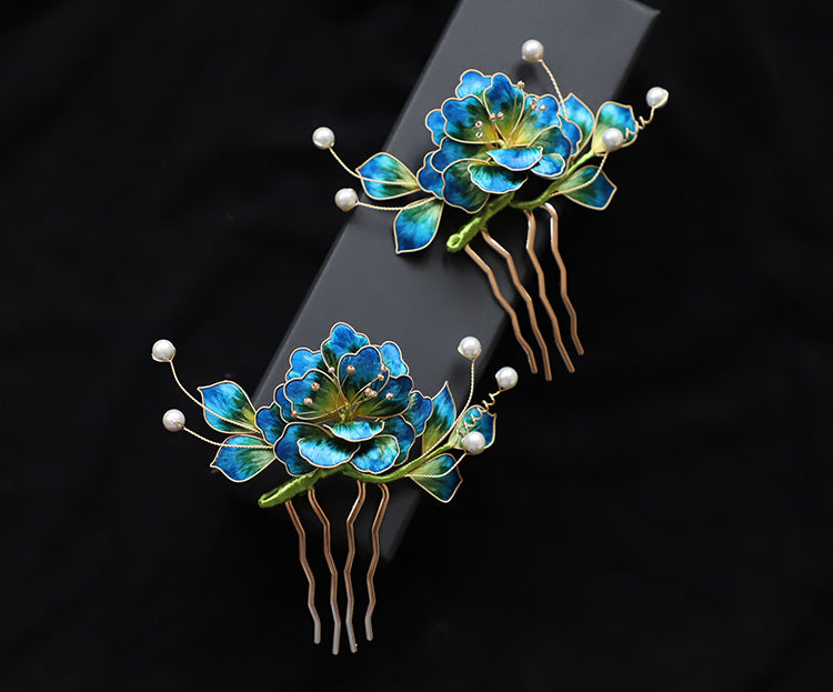 hair combs clips​ Ronghua Flower Hair Comb Clip Chinese Jewelry Blue Flower Side Comb Chinese Hair Accessories