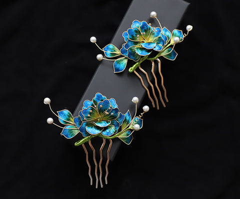 hair combs clips​ Ronghua Flower Hair Comb Clip Chinese Jewelry Blue Flower Side Comb Chinese Hair Accessories