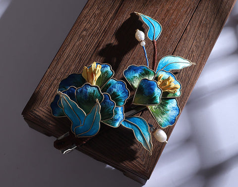Blue Flower French Barrette Hair Clip 