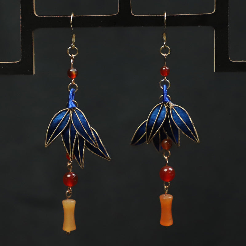 Cloisonne Blue Bamboo Leaves Dangle Earings 