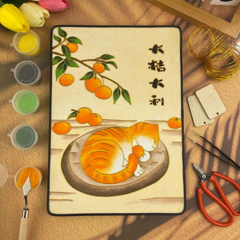 Cloisonne Painting DIY Art Kit Chinese New Year Wishes with Tabby Cats Cloisonne Kit Chinese Cloisonne Art Kit