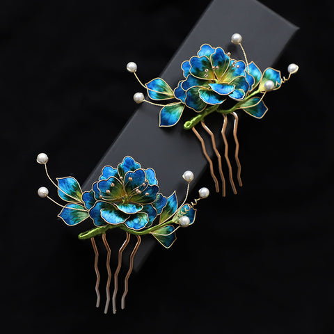 king combs pick a side Ronghua Flower Hair Comb Clip Chinese Jewelry Blue Flower Side Comb Chinese Hair Accessories