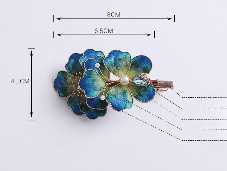 Chinese Jewelry Blue Flower Alligator Hair Clips Chinese Hair Accessories Ronghua Flower Side Hair Clip 