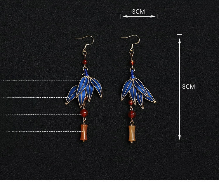 Rong Hua Fish Hook Earring Cloisonne Blue Bamboo Leaves Dangle Earings Chinese Dangle Earrings 