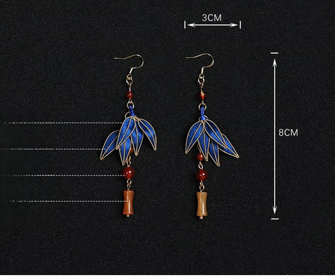 Rong Hua Fish Hook Earring Cloisonne Blue Bamboo Leaves Dangle Earings Chinese Dangle Earrings 