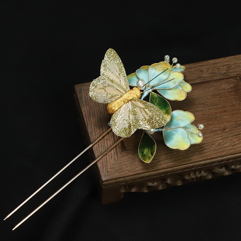 Chinese Hair Accessories Ronghua Flower French Hair Pins Chinese Jewelry Blue Flower French Pins for Hair 