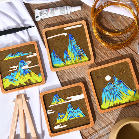Cloisonné Kits DIY Wooden Drink Coaster Chinese Paintings of Mountains Cloisonne Kit Wooden Cup Coasters