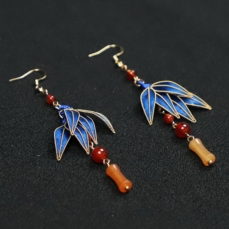 earrings drop Cloisonne Blue Bamboo Leaves Dangle Earings 