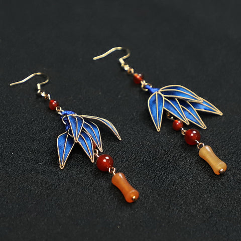 earrings drop Cloisonne Blue Bamboo Leaves Dangle Earings 