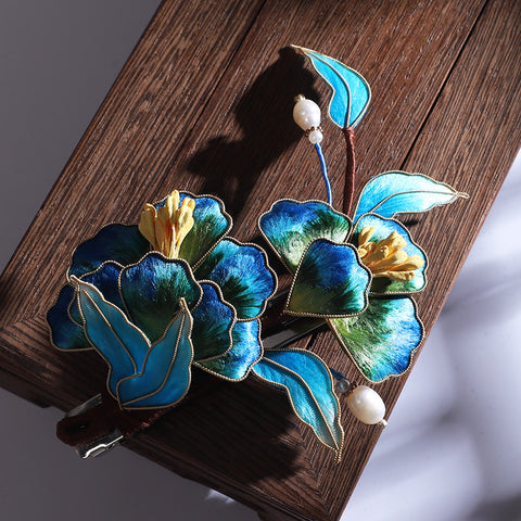 Ronghua Flower French Hair Barrettes Chinese Jewelry Blue Flower French Barrette Hair Clip Chinese Hair Accessories - Mulan Legacy