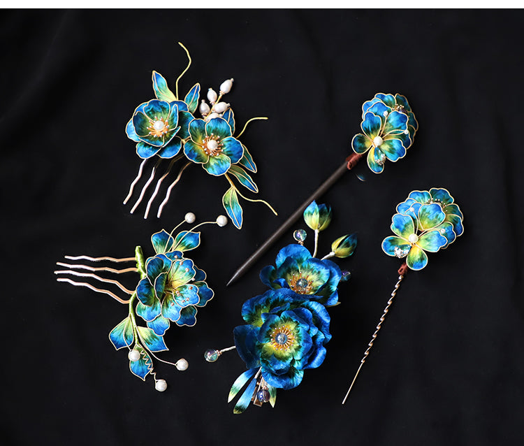 hair comb pin​ Ronghua Flower Hair Comb Clip Chinese Jewelry Blue Flower Side Comb Chinese Hair Accessories