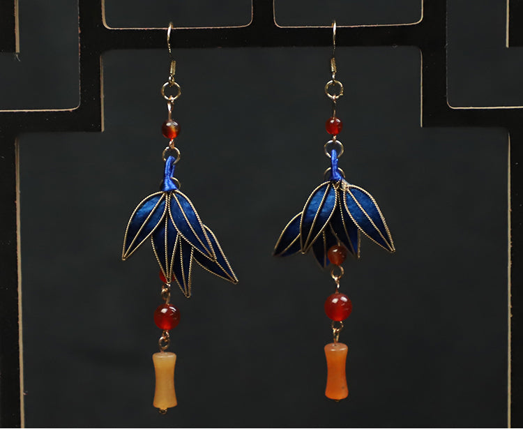 Cloisonne Blue Bamboo Leaves Dangle Earings Chinese Dangle Earrings 