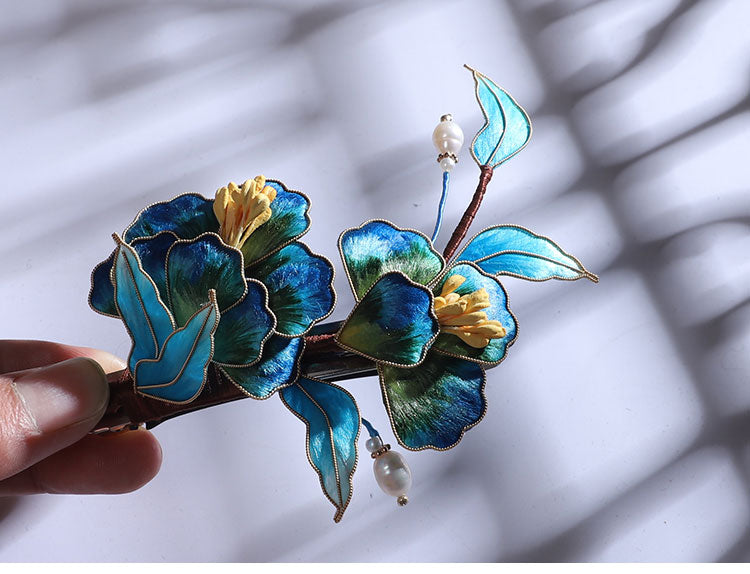 Ronghua Flower French Hair Barrettes Chinese Jewelry Blue Flower French Barrette Hair Clip Chinese Hair Accessories - Mulan Legacy