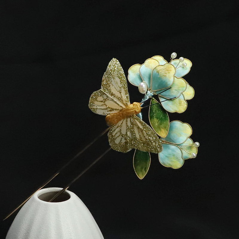 Ronghua Flower French Hair Pins Chinese Jewelry Blue Flower French Pins for Hair 