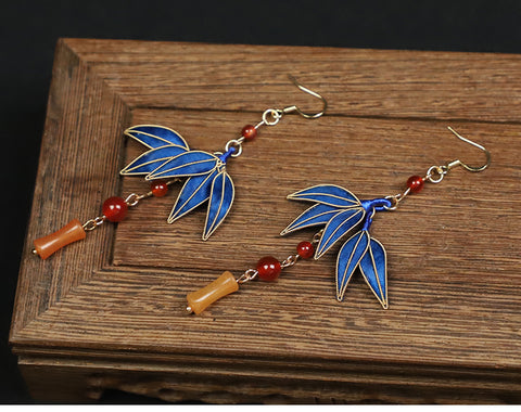 Rong Hua Fish Hook Earring Chinese Accessories Cloisonne Blue Bamboo Leaves Dangle Earings Chinese Dangle Earrings 