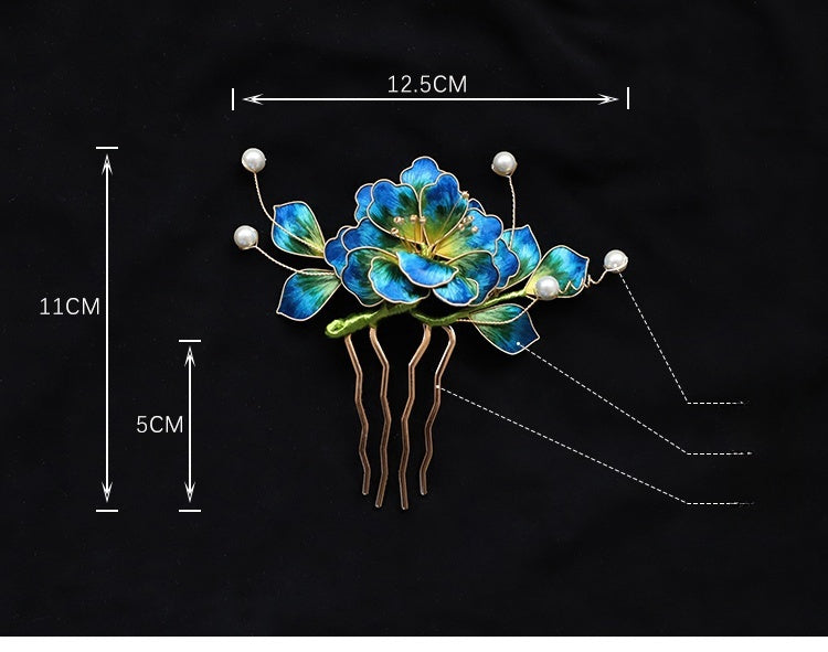 hair barrettes wedding​ Ronghua Flower Hair Comb Clip Chinese Jewelry Blue Flower Side Comb Chinese Hair Accessories