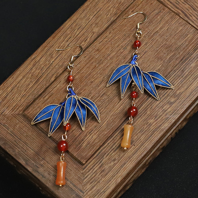 hang earrings​ Cloisonne Blue Bamboo Leaves Dangle Earings 