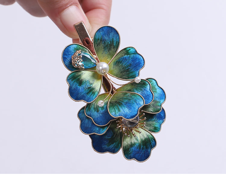 side hair clips Blue Flower Alligator Hair Clips Chinese Hair Accessories Ronghua Flower Side Hair Clip Chinese Jewelry