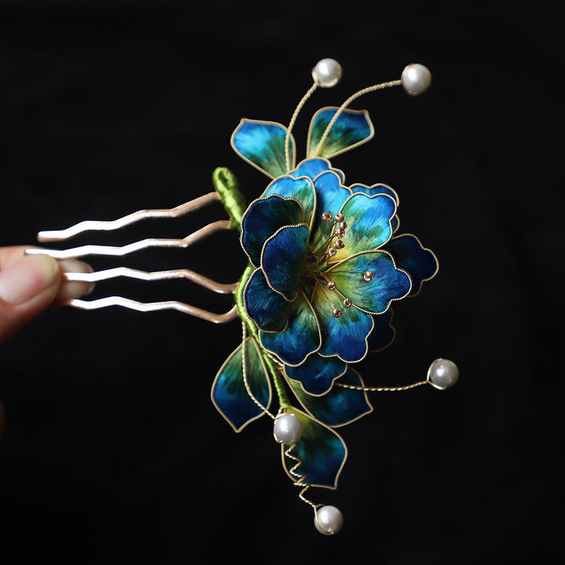hair combs decorative​ Ronghua Flower Hair Comb Clip Chinese Jewelry Blue Flower Side Comb Chinese Hair Accessories