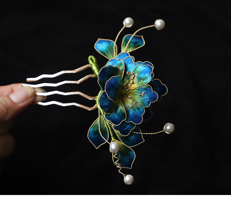 Ronghua Flower Hair Comb Clip Chinese Jewelry Blue Flower Side Comb Chinese Hair Accessories