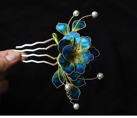 Ronghua Flower Hair Comb Clip Chinese Jewelry Blue Flower Side Comb Chinese Hair Accessories