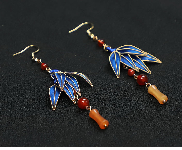 Cloisonne Blue Bamboo Leaves Dangle Earings Chinese Accessories 