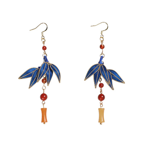 earrings dangling Cloisonne Blue Bamboo Leaves Dangle Earings 