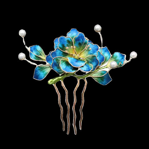 Blue Flower Side Comb Chinese Hair Accessories Ronghua Flower Hair Comb Clip Chinese Jewelry 