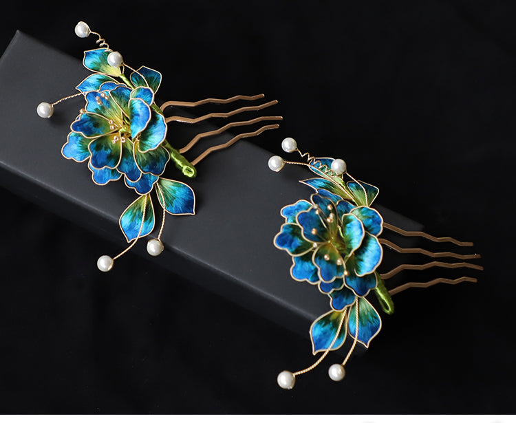 Ronghua Flower Hair Comb Clip Chinese Jewelry Blue Flower Side Comb Chinese Hair Accessories