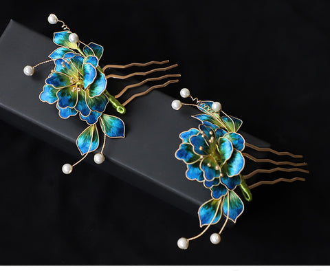 Ronghua Flower Hair Comb Clip Chinese Jewelry Blue Flower Side Comb Chinese Hair Accessories
