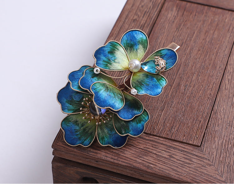 alligator clip for hair​ Blue Flower Alligator Hair Clips Chinese Hair Accessories Ronghua Flower Side Hair Clip Chinese Jewelry