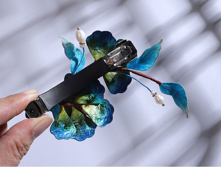 Ronghua Flower French Hair Barrettes Chinese Jewelry Blue Flower French Barrette Hair Clip Chinese Hair Accessories - Mulan Legacy