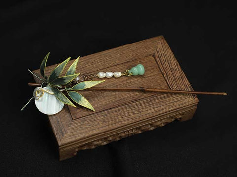 Chinese Hair Chopsticks Rong Hua Flower Chinese Hair Sticks Chinese Accessories Bamboo Leaves Wooden Hair Pin 