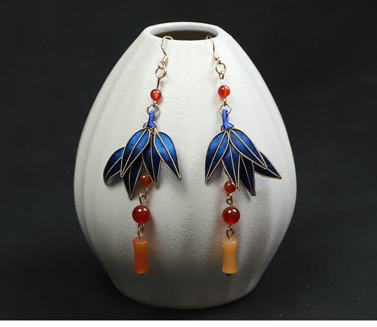 Cloisonne Blue Bamboo Leaves Dangle Earings Rong Hua Fish Hook Earring Chinese Accessories 