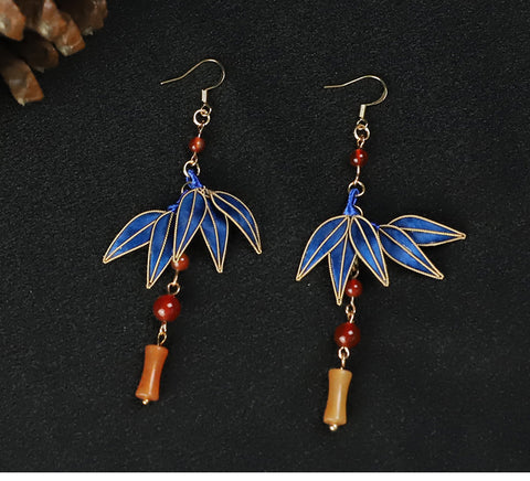 Chinese Dangle Earrings Cloisonne Blue Bamboo Leaves Dangle Earings 