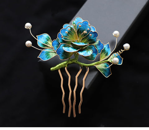 Ronghua Flower Hair Comb Clip Chinese Jewelry Blue Flower Side Comb Chinese Hair Accessories
