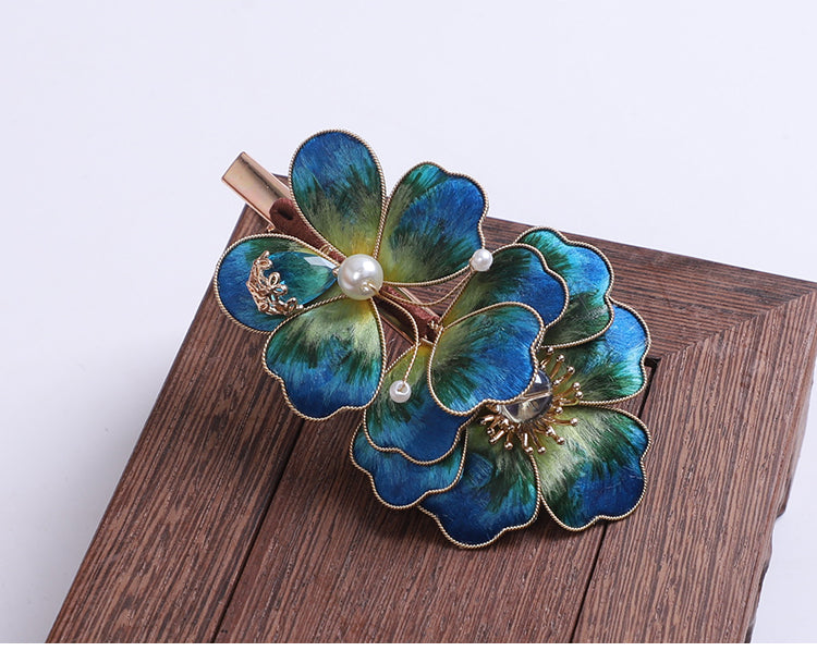 hair clips for side swept hair​ Blue Flower Alligator Hair Clips Chinese Hair Accessories Ronghua Flower Side Hair Clip Chinese Jewelry