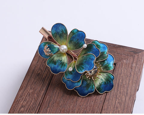 hair clips for side swept hair​ Blue Flower Alligator Hair Clips Chinese Hair Accessories Ronghua Flower Side Hair Clip Chinese Jewelry