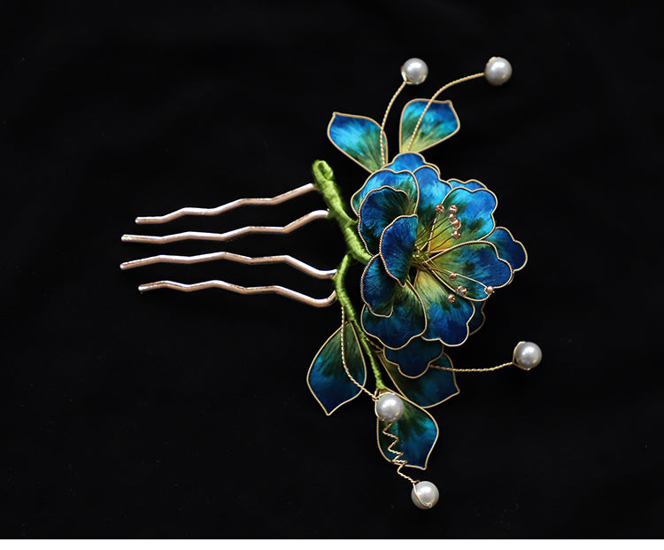 Ronghua Flower Hair Comb Clip Chinese Jewelry Blue Flower Side Comb Chinese Hair Accessories