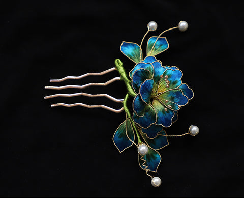 Ronghua Flower Hair Comb Clip Chinese Jewelry Blue Flower Side Comb Chinese Hair Accessories