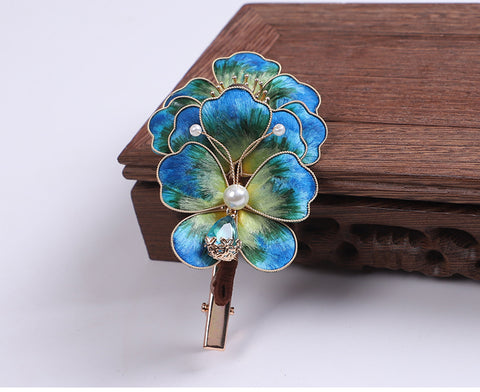 clip in side fringe human hair Blue Flower Alligator Hair Clips Chinese Hair Accessories Ronghua Flower Side Hair Clip Chinese Jewelry