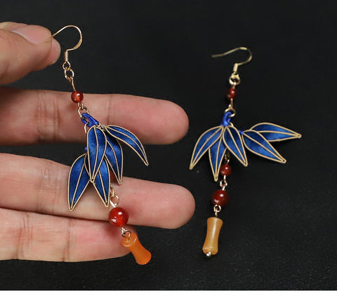Cloisonne Blue Bamboo Leaves Dangle Earings Dangle Earrings Rong Hua Fish Hook Earring Chinese Accessories 