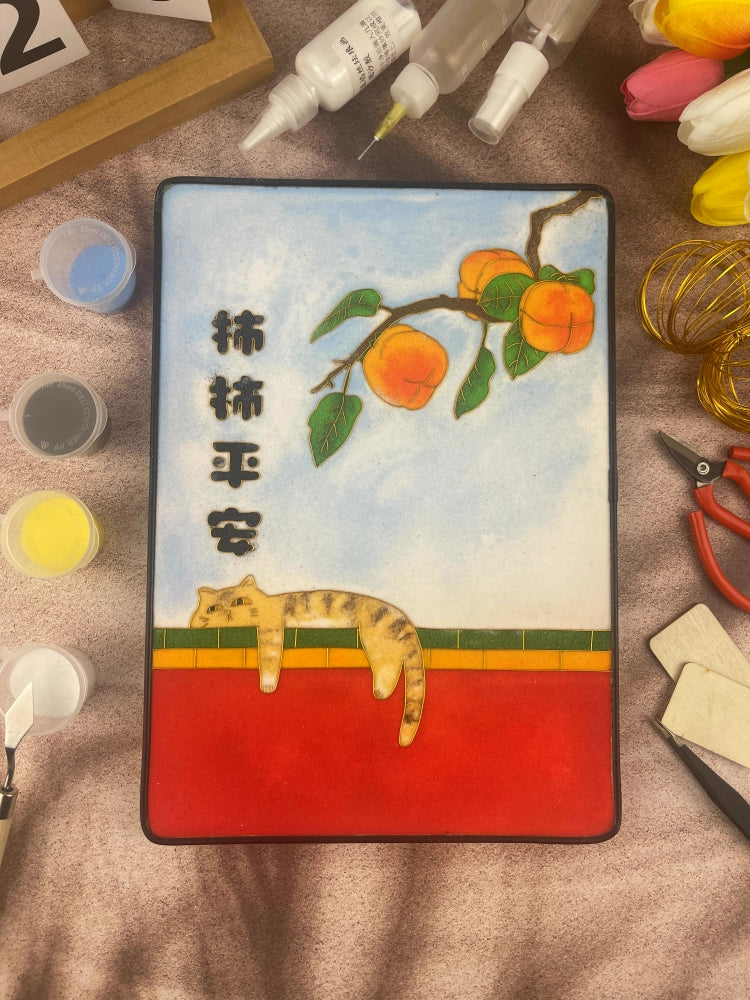 cloisonne plate​ Cloisonné Painting DIY Art Kit Chinese Lunar Year Greetings with Cat Cloisonné Kit Chinese Cloisonné Art Kit 