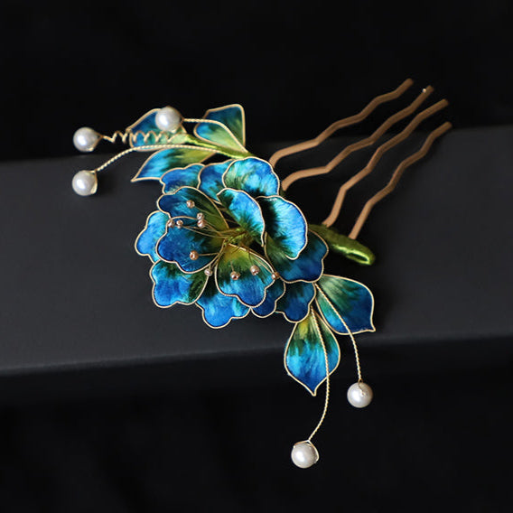 Ronghua Flower Hair Comb Clip Chinese Jewelry Blue Flower Side Comb Chinese Hair Accessories