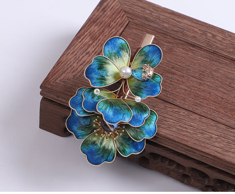 Blue Flower Alligator Hair Clips Chinese Hair Accessories Ronghua Flower Side Hair Clip Chinese Jewelry