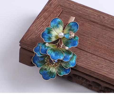 Blue Flower Alligator Hair Clips Chinese Hair Accessories Ronghua Flower Side Hair Clip Chinese Jewelry