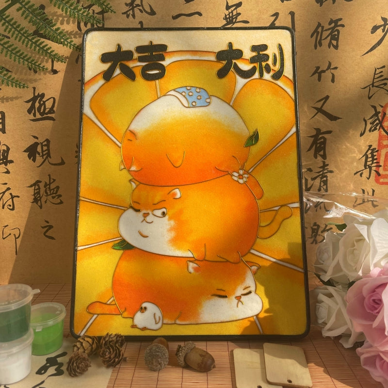 Cloisonné Painting DIY Art Kit Chinese Lunar New Year Sayings with Orange Tabby Cat Cloisonne Kit Chinese Cloisonné Art Kit